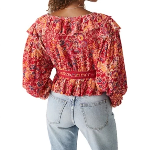 NWT Free People Rudi printed ruffle crop blouse top voluminous bishop sleeves - Picture 3 of 16
